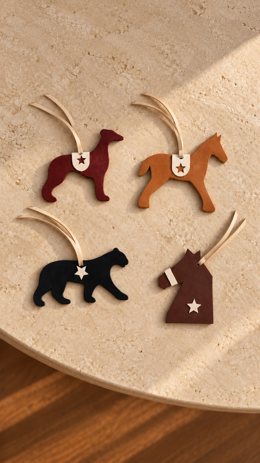 Cuatro charms de piel: perro, caballo, felino y cabeza de caballo